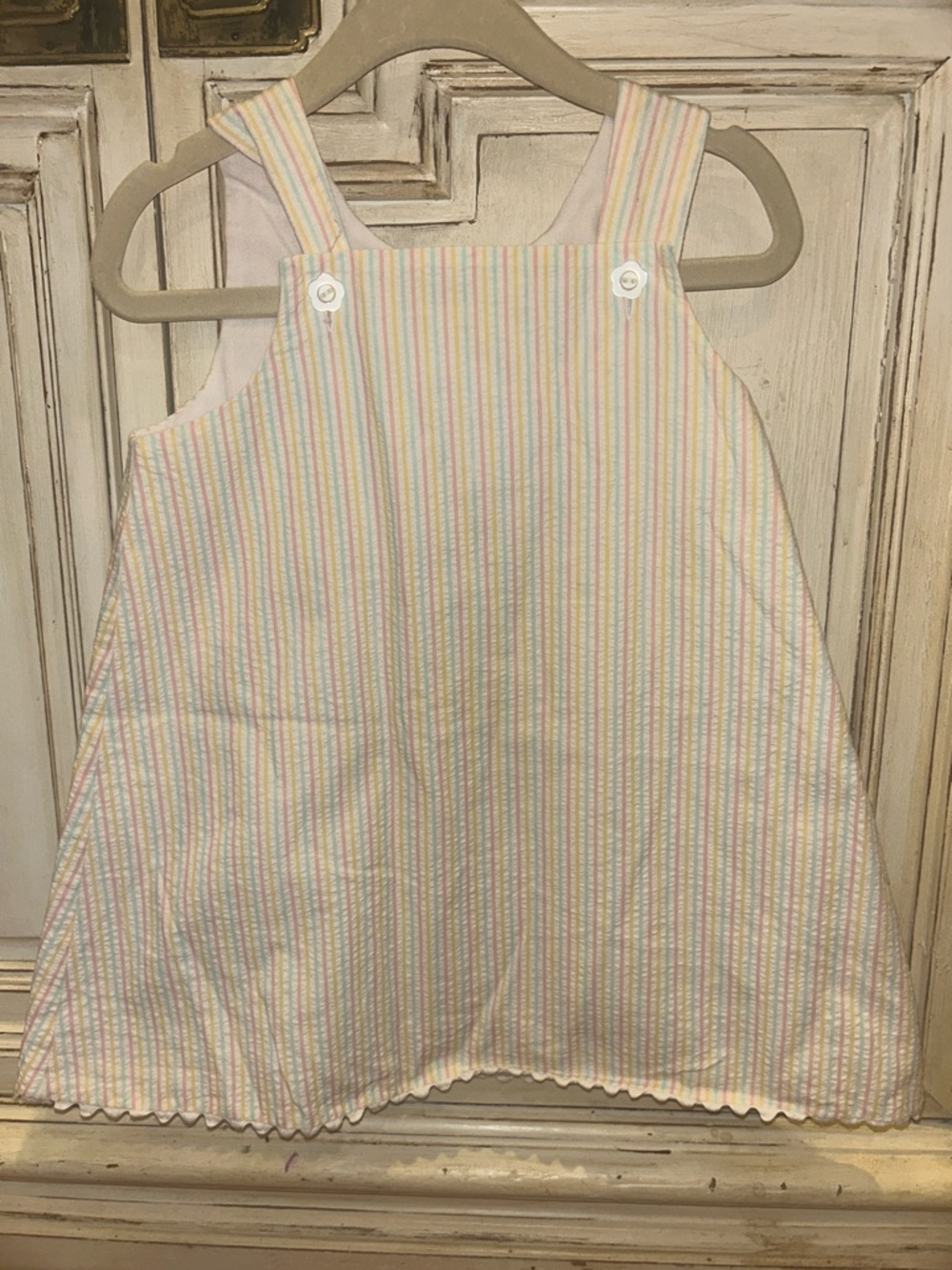 Girls' Pastel Stripe Pinafore Dress - White with Pink, Blue & Yellow